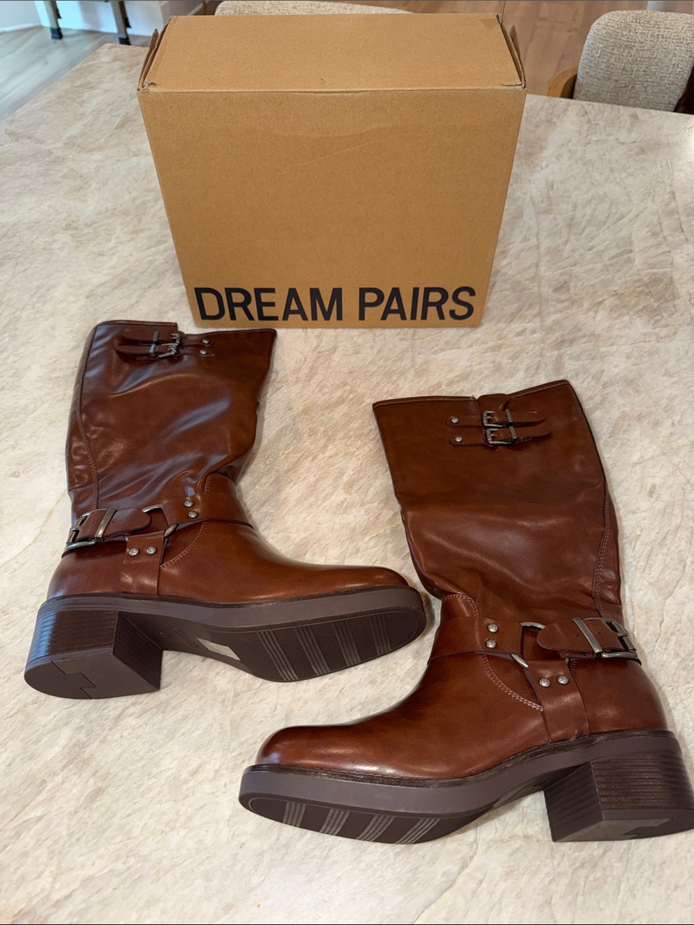 Dream Pairs Brown Mid-Calf Buckle Block Heel Boots
